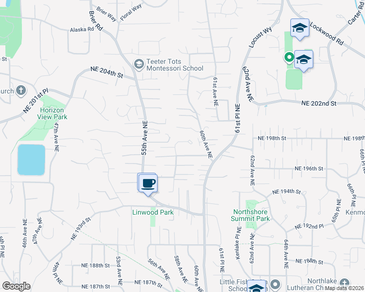 map of restaurants, bars, coffee shops, grocery stores, and more near 19718 58th Avenue Northeast in Kenmore