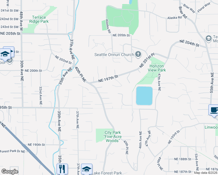 map of restaurants, bars, coffee shops, grocery stores, and more near 4029 Northeast 196th Street in Lake Forest Park