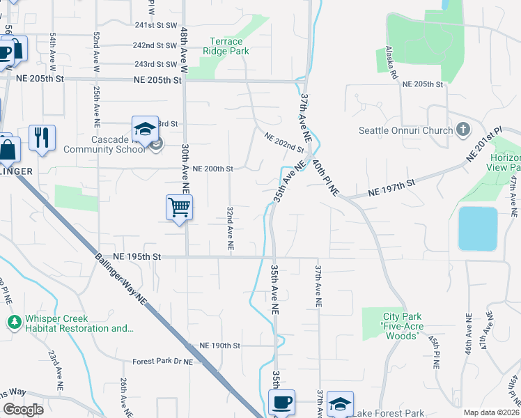 map of restaurants, bars, coffee shops, grocery stores, and more near 3227 Northeast 198th Place in Lake Forest Park