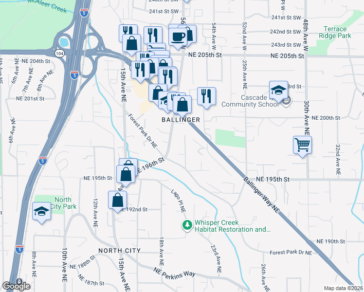map of restaurants, bars, coffee shops, grocery stores, and more near 19633 20th Avenue Northeast in Shoreline
