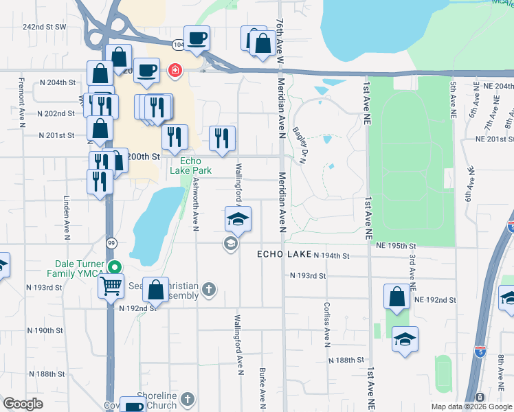 map of restaurants, bars, coffee shops, grocery stores, and more near 19545 Burke Avenue North in Shoreline