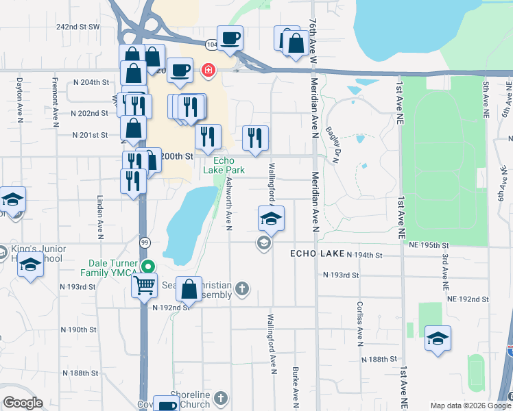 map of restaurants, bars, coffee shops, grocery stores, and more near 1642 North 197th Place in Shoreline