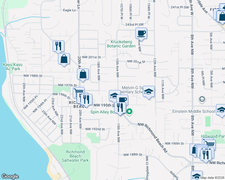 map of restaurants, bars, coffee shops, grocery stores, and more near 19701 15th Avenue Northwest in Shoreline