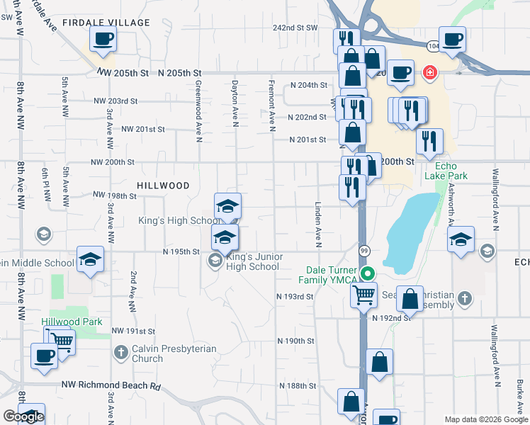map of restaurants, bars, coffee shops, grocery stores, and more near 19555 Fremont Avenue North in Shoreline