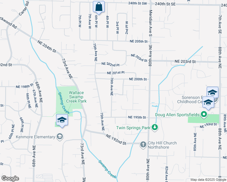 map of restaurants, bars, coffee shops, grocery stores, and more near 19806 76th Avenue Northeast in Kenmore