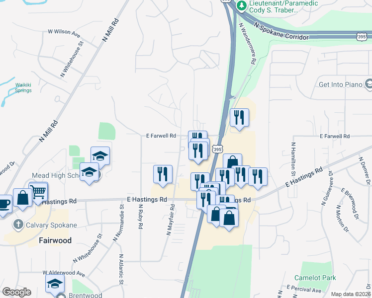 map of restaurants, bars, coffee shops, grocery stores, and more near 12706 N Mayfair Rd in Spokane