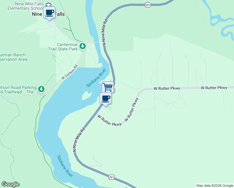map of restaurants, bars, coffee shops, grocery stores, and more near 12620 North Nine Mile Road in Nine Mile Falls