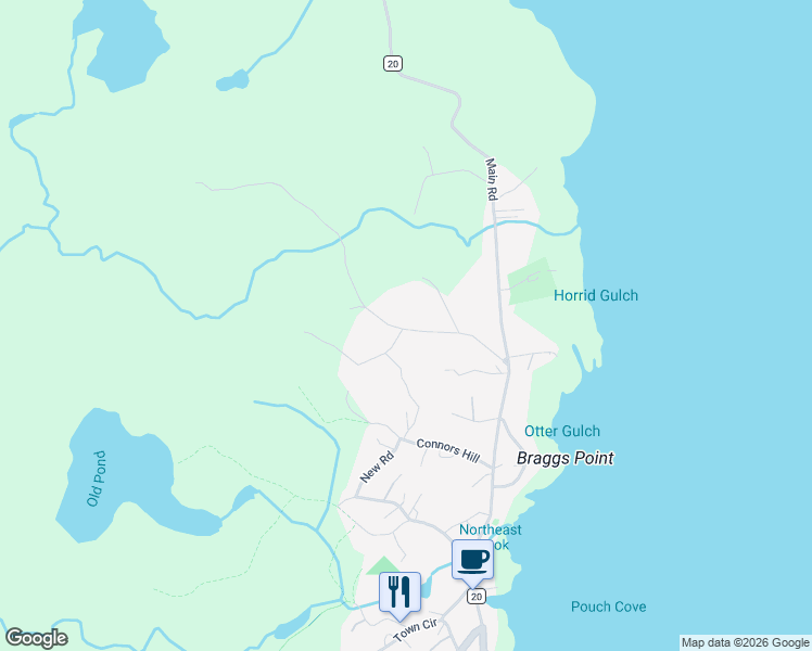 map of restaurants, bars, coffee shops, grocery stores, and more near 43 Mundys Road in Pouch Cove