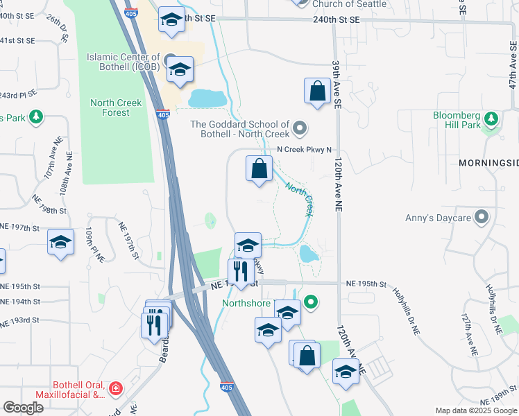 map of restaurants, bars, coffee shops, grocery stores, and more near 19820 North Creek Parkway in Bothell