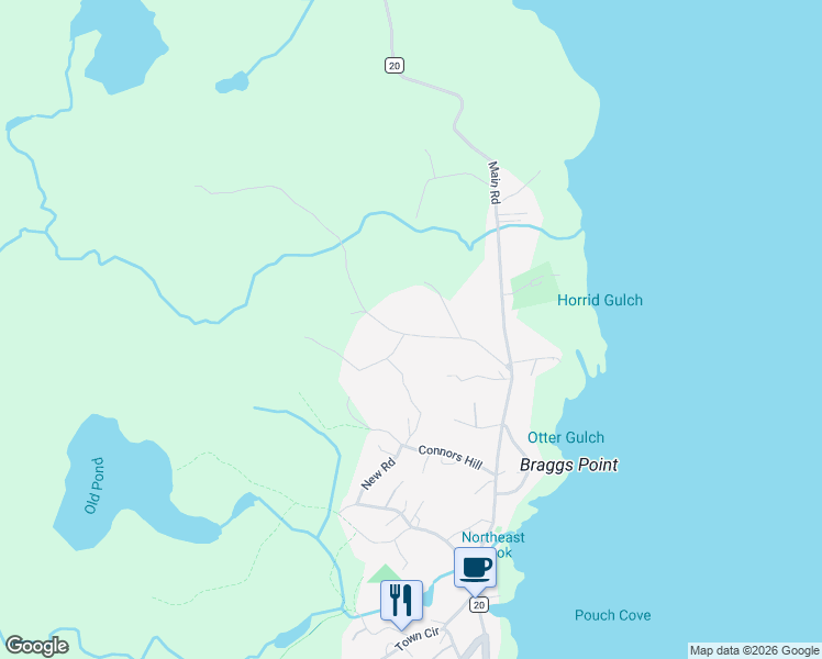 map of restaurants, bars, coffee shops, grocery stores, and more near 43 Mundys Road in Pouch Cove