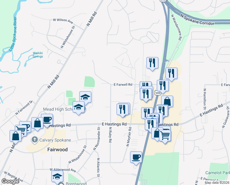 map of restaurants, bars, coffee shops, grocery stores, and more near 12704 North Ruby Road in Spokane