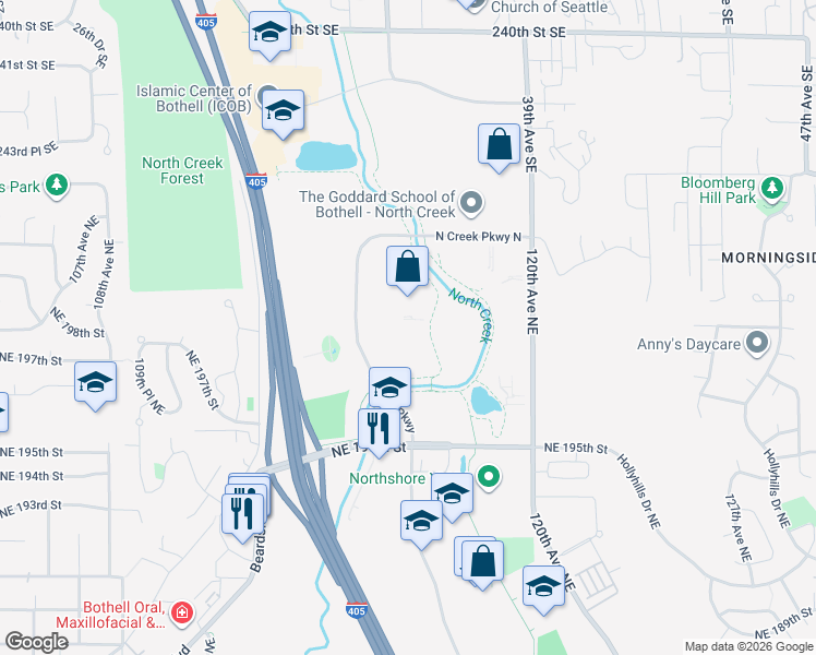 map of restaurants, bars, coffee shops, grocery stores, and more near 19820 North Creek Parkway in Bothell