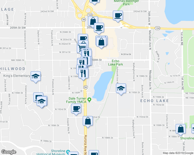 map of restaurants, bars, coffee shops, grocery stores, and more near 19542 Echo Lake Place North in Shoreline
