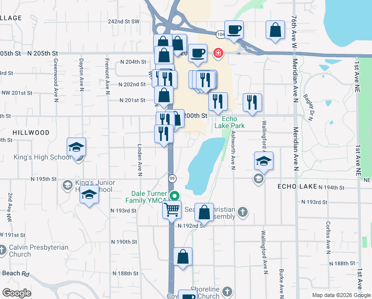 map of restaurants, bars, coffee shops, grocery stores, and more near 19542 Echo Lake Place North in Shoreline