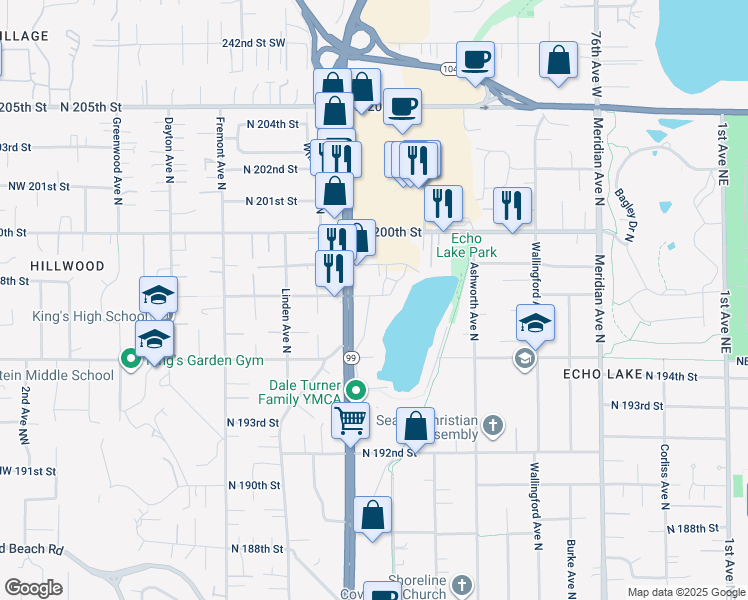 map of restaurants, bars, coffee shops, grocery stores, and more near 19542 Echo Lake Place North in Shoreline