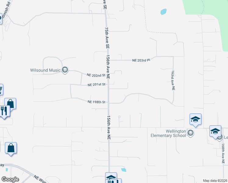 map of restaurants, bars, coffee shops, grocery stores, and more near 19832 156th Avenue Northeast in Woodinville