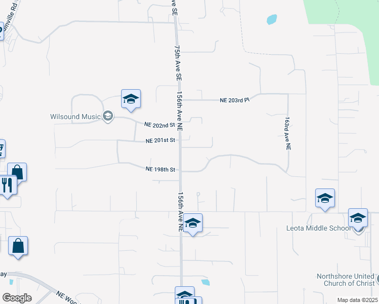 map of restaurants, bars, coffee shops, grocery stores, and more near 19832 156th Avenue Northeast in Woodinville