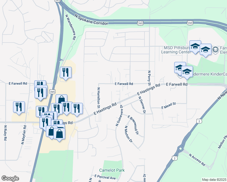 map of restaurants, bars, coffee shops, grocery stores, and more near 903 East Hastings Road in Spokane