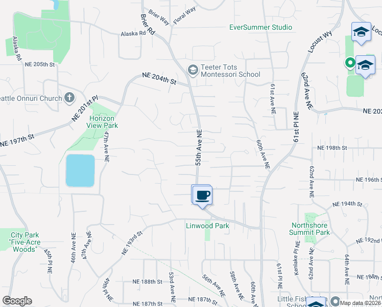 map of restaurants, bars, coffee shops, grocery stores, and more near 5420 Northeast 197th Place in Lake Forest Park