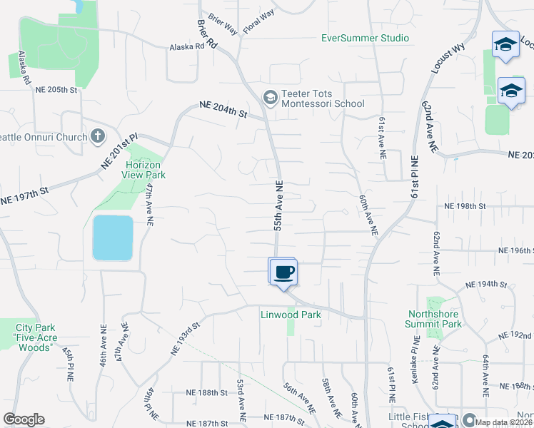 map of restaurants, bars, coffee shops, grocery stores, and more near 5420 Northeast 197th Place in Lake Forest Park