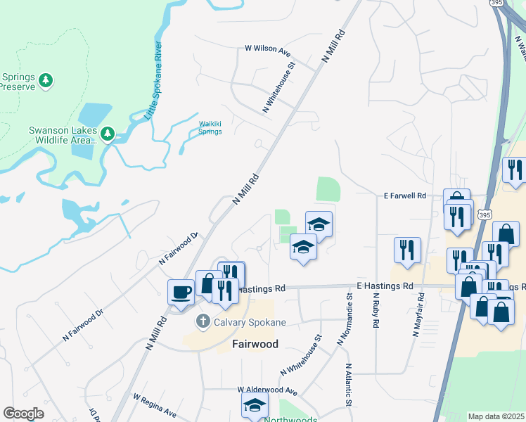 map of restaurants, bars, coffee shops, grocery stores, and more near 12800-12898 N Mill Rd in Spokane
