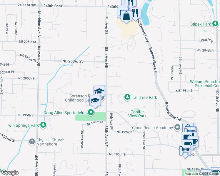 map of restaurants, bars, coffee shops, grocery stores, and more near 8804 Northeast 198th Street in Bothell