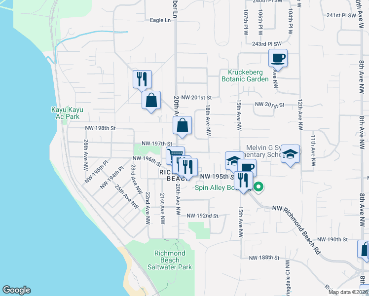 map of restaurants, bars, coffee shops, grocery stores, and more near 1844 Northwest 197th Street in Shoreline