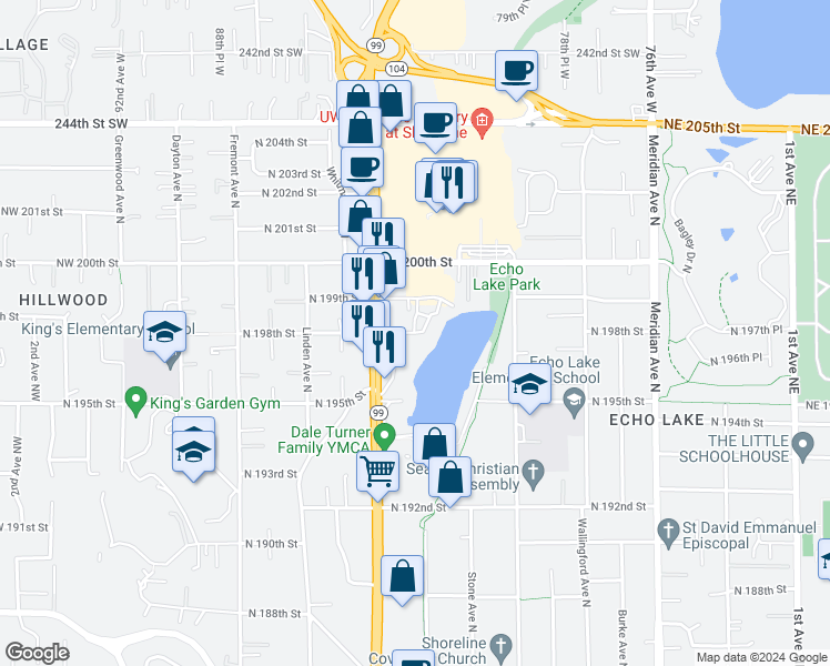 map of restaurants, bars, coffee shops, grocery stores, and more near 1199 North 198th Street in Shoreline