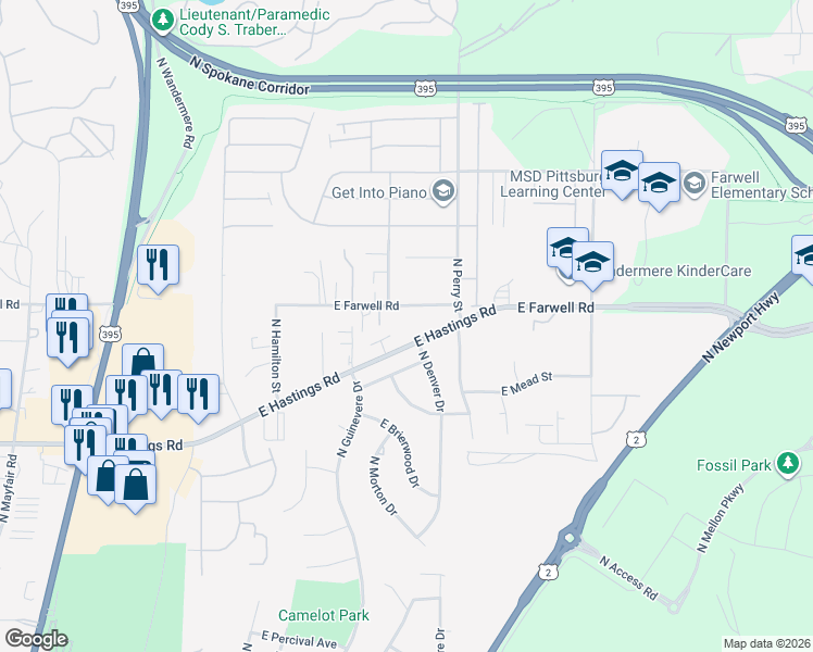 map of restaurants, bars, coffee shops, grocery stores, and more near 1121 East Hastings Road in Spokane