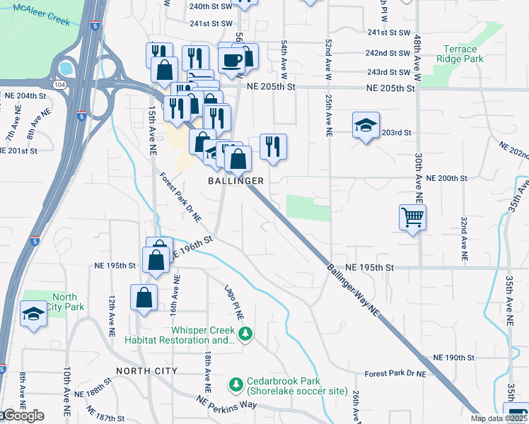 map of restaurants, bars, coffee shops, grocery stores, and more near 2233 Northeast 197th Place in Shoreline