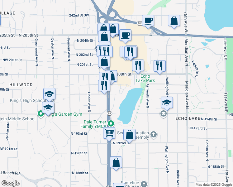 map of restaurants, bars, coffee shops, grocery stores, and more near 19542 Echo Lake Place North in Shoreline