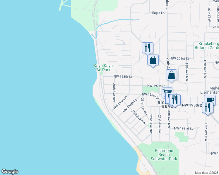 map of restaurants, bars, coffee shops, grocery stores, and more near 2606 Northwest 196th Street in Shoreline