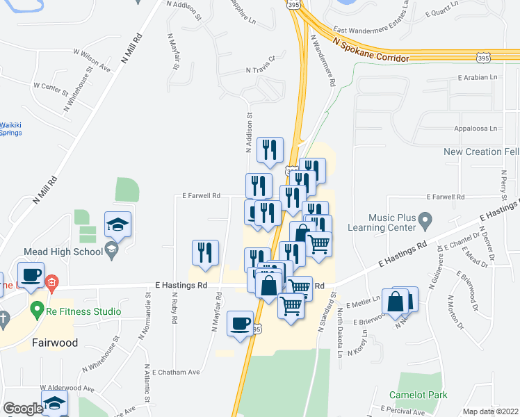 map of restaurants, bars, coffee shops, grocery stores, and more near 12611 North Division Street in Spokane