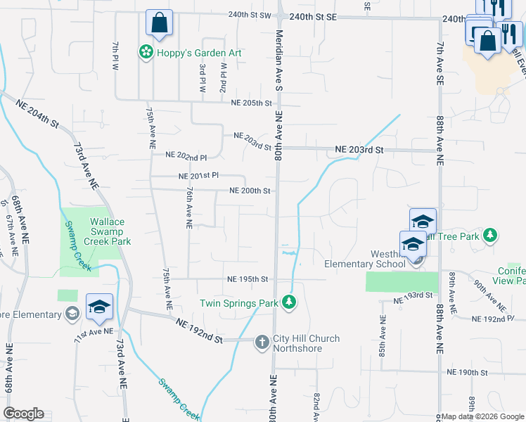 map of restaurants, bars, coffee shops, grocery stores, and more near 7840 Northeast 198th Street in Kenmore