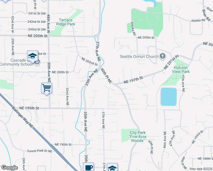 map of restaurants, bars, coffee shops, grocery stores, and more near 19563 38th Avenue Northeast in Lake Forest Park