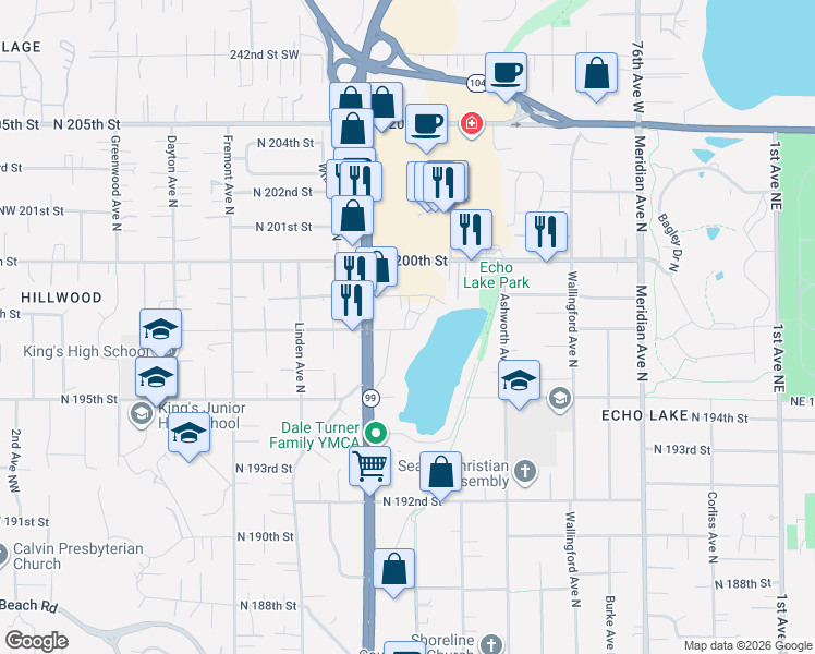 map of restaurants, bars, coffee shops, grocery stores, and more near 19542 Echo Lake Place North in Shoreline