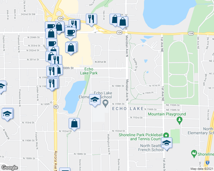 map of restaurants, bars, coffee shops, grocery stores, and more near 19811 Wallingford Avenue North in Shoreline