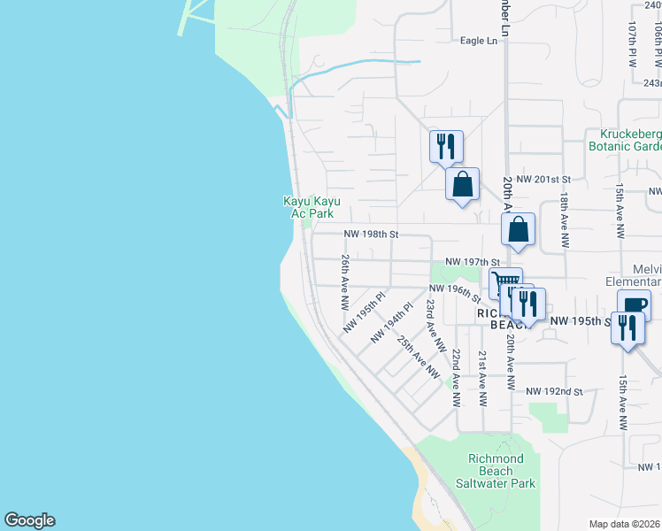 map of restaurants, bars, coffee shops, grocery stores, and more near 2606 Northwest 196th Street in Shoreline