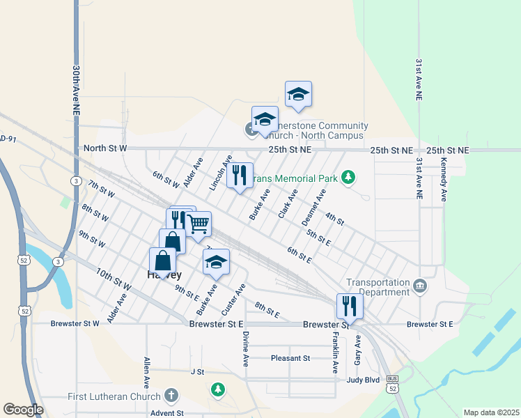 map of restaurants, bars, coffee shops, grocery stores, and more near 501-599 Burke Ave in Harvey
