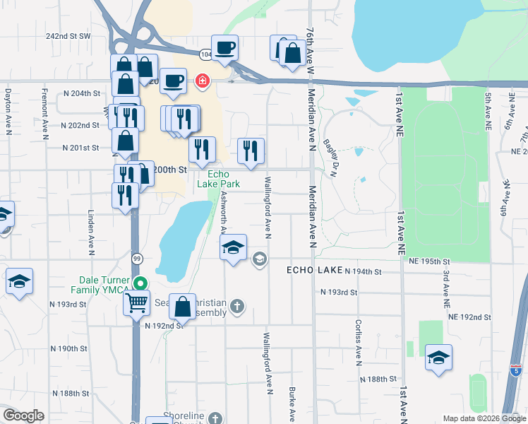 map of restaurants, bars, coffee shops, grocery stores, and more near 19811 Wallingford Avenue North in Shoreline