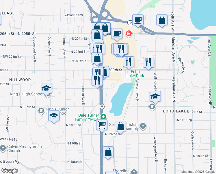 map of restaurants, bars, coffee shops, grocery stores, and more near 1156 North 198th Street in Shoreline