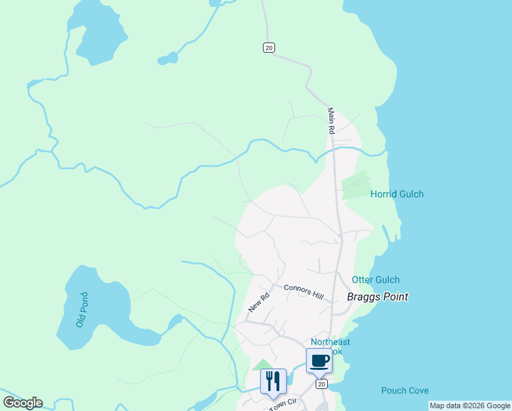 map of restaurants, bars, coffee shops, grocery stores, and more near 22 Mundys Road in Pouch Cove