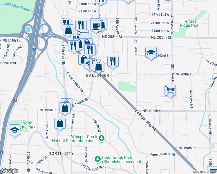 map of restaurants, bars, coffee shops, grocery stores, and more near 2233 Northeast 197th Place in Shoreline