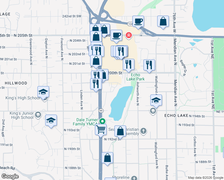 map of restaurants, bars, coffee shops, grocery stores, and more near 1132 North 198th Street in Shoreline