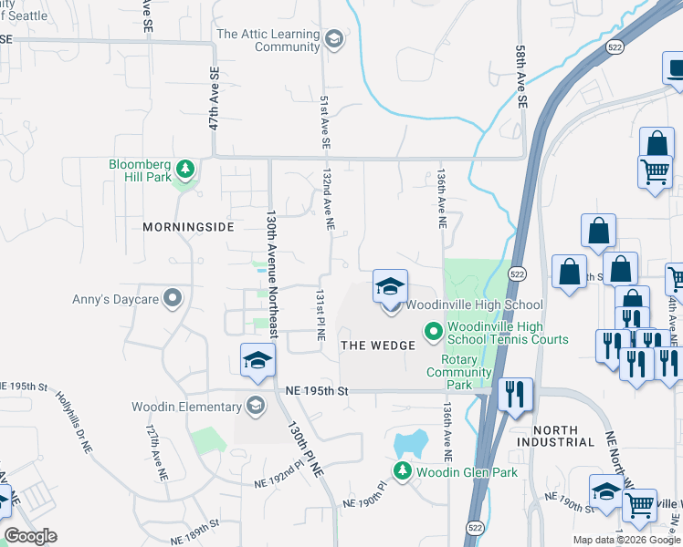 map of restaurants, bars, coffee shops, grocery stores, and more near 13209 Northeast 201st Court in Woodinville