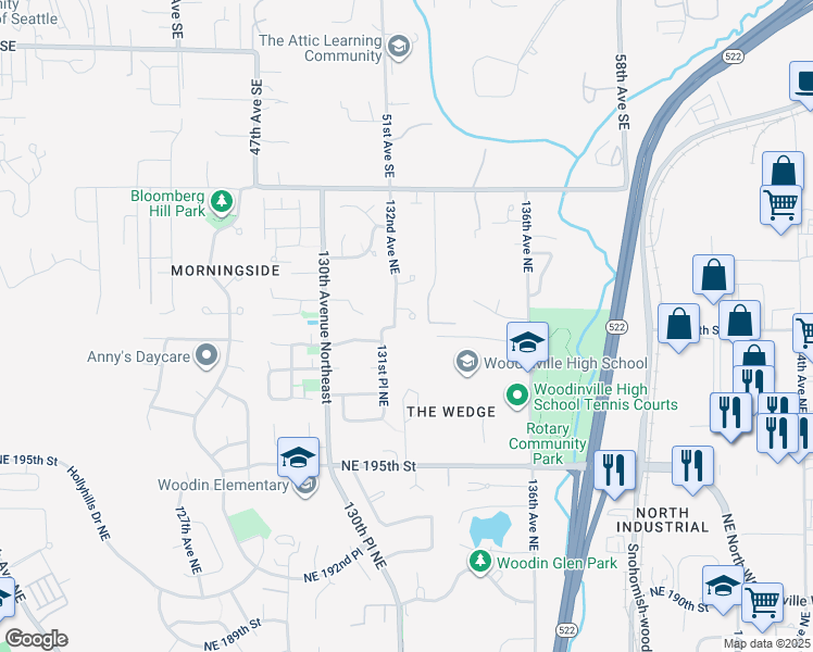 map of restaurants, bars, coffee shops, grocery stores, and more near 13207 Northeast 201st Court in Woodinville