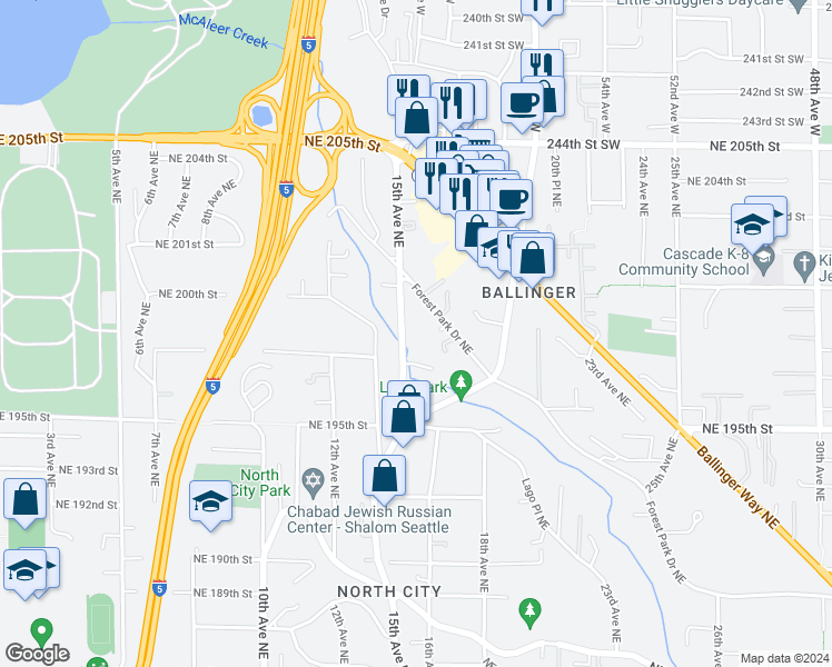 map of restaurants, bars, coffee shops, grocery stores, and more near 19708 15th Avenue Northeast in Shoreline