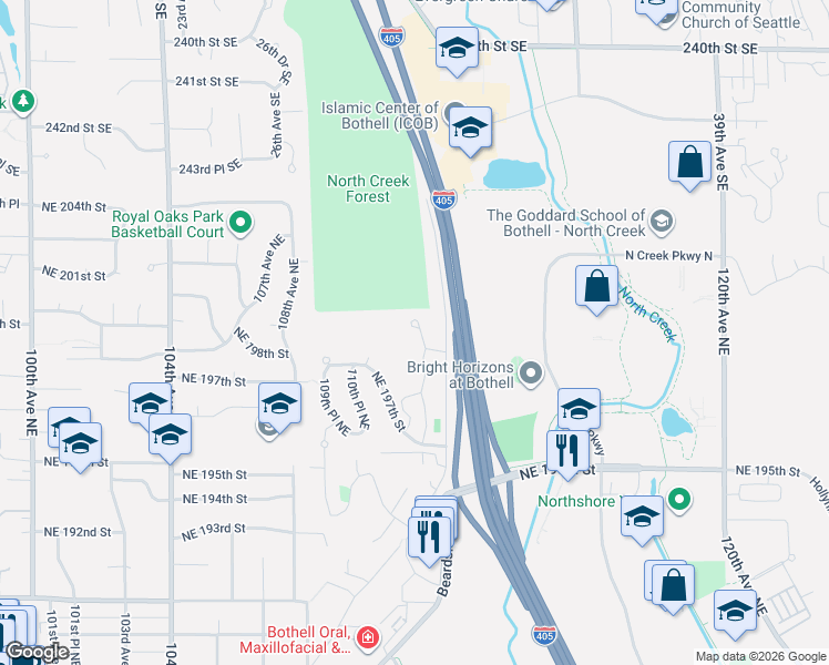 map of restaurants, bars, coffee shops, grocery stores, and more near 15732 111th Avenue Northeast in Bothell