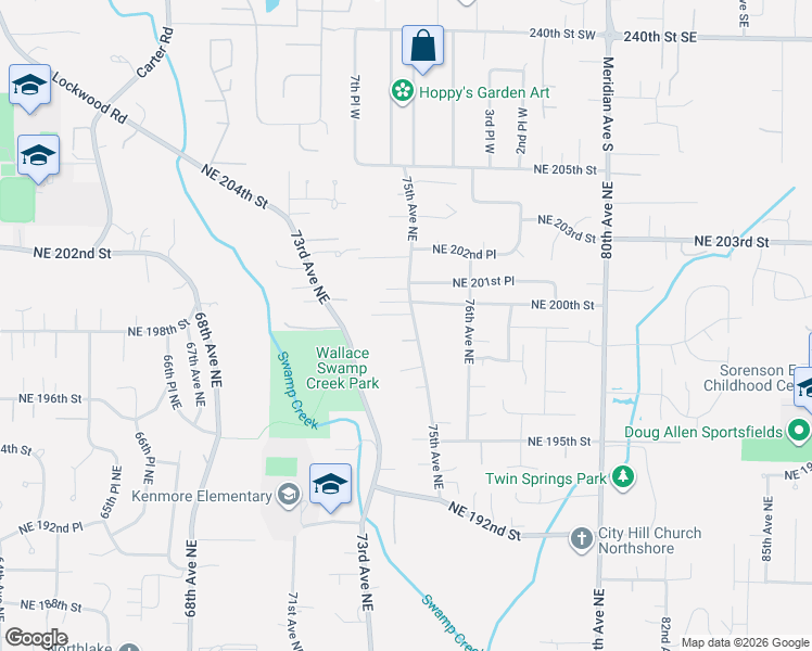map of restaurants, bars, coffee shops, grocery stores, and more near 7423 Northeast 198th Place in Kenmore