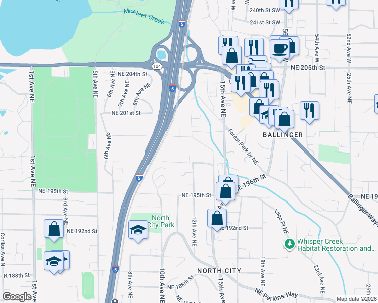 map of restaurants, bars, coffee shops, grocery stores, and more near 19714 12th Avenue Northeast in Shoreline